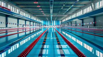 Indoor swimming pool lanes with focused lane ropes and blurred background photo