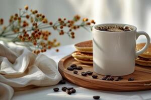 A cup of coffee with pancakes for mockup on a table with coffee beans scattered around it. photo