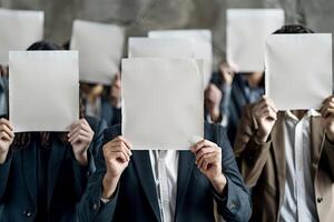 business man holding up an empty sheet of paper with a question mark symbol photo