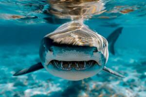 close up Tiger Shark Swimming underwater . photo