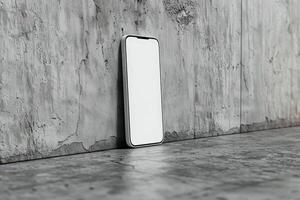 Abstract empty smartphone with mock up screen leaning on purple wall with sunlight and window shadows. Gallery concept. 3D Rendering. photo