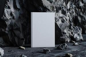 Blank white book for mockup placed on rocks, photo