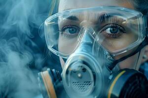 An environmental scientist testing air quality with a portable device in an industrial area, factories behind photo