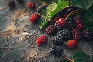 Fresh organic mulberries arranged beautifully on a textured surface with green leaves background, healthy, superfood, nutritious photo