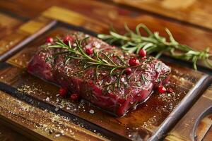 fresh raw steak meat on wooden board with rosemary and spice photo