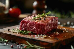 fresh raw steak meat on wooden board with rosemary and spice photo