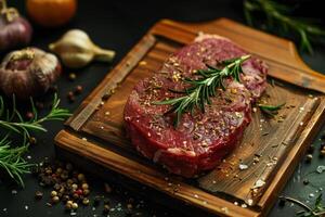 fresh raw steak meat on wooden board with rosemary and spice photo