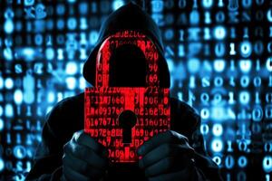 a hacker in a dark hooded holds a digital padlock against a digital code background showing cyber security and hacking and data process photo