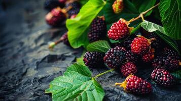 Fresh organic mulberries arranged beautifully on a textured surface with green leaves background, healthy, superfood, nutritious photo