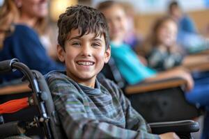 children disabled person in wheelchairs at school, inclusive education . photo