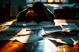 Desperate man while looking at bills on his desk. photo