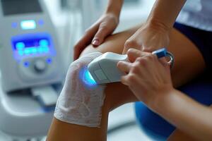 doctor use ultrasound radiofrequency device Chronic knee pain due to an inflamed knee joint prosthesis . photo