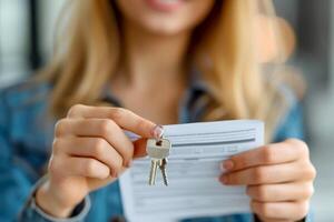 A woman is holding a key in her hand with a document. Concept of Mortgage, Insurance, Loan, Real Estate, and Property Management photo