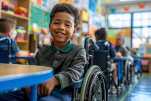 children disabled person in wheelchairs at school, inclusive education . photo