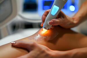 doctor use ultrasound radiofrequency device Chronic knee pain due to an inflamed knee joint prosthesis . photo
