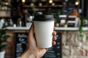 Close up of hand holding disposable paper coffee cup, man's hand on coffee shop background. photo