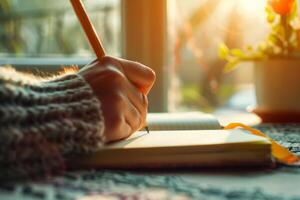 A woman writing on an open notebook holding the pencil on sun light flare, closeup of hands and paper in focus photo