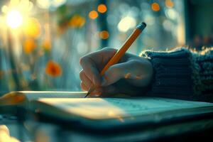 A young person is sitting at a table, writing in a notebook with a pencil photo
