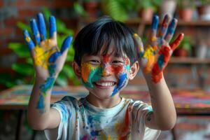 a Child toddler boy got hands dirty in colorful paint photo