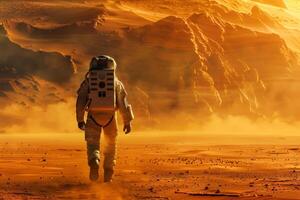 Astronaut in spacesuit on Mars, alone man walking on red planet, An astronaut on an alien planet photo