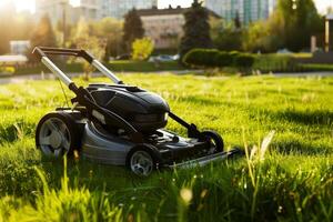 Robotic lawn mowers for effortless maintenance, solid color background photo