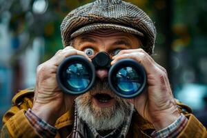 A elder man tie using binoculars. photo