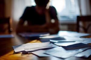 Desperate man while looking at bills on his desk. photo