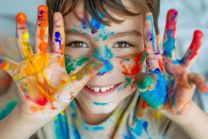 a Child toddler boy got hands dirty in colorful paint photo