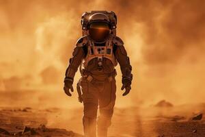 Astronaut in spacesuit on Mars, alone man walking on red planet, An astronaut on an alien planet photo