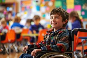 children disabled person in wheelchairs at school, inclusive education . photo