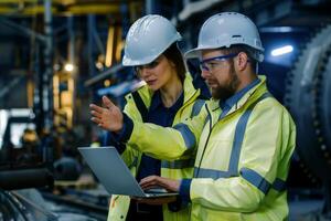 Male and female industrial engineers in Hard Hats safety use laptop computers to discuss new projects. photo