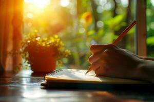 A woman writing on an open notebook holding the pencil on sun light flare, closeup of hands and paper in focus photo