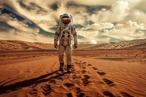 Astronaut in spacesuit on Mars, alone man walking on red planet, An astronaut on an alien planet photo