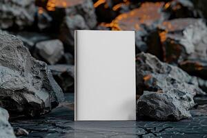 Blank white book for mockup placed on rocks, photo