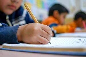 A young boy is sitting at a table, writing in a notebook with a pencil photo