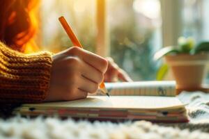 A woman writing on an open notebook holding the pencil on sun light flare, closeup of hands and paper in focus photo