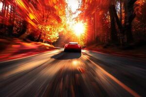 autumn forest road with blurred car motion capturing sense of speed and journey abstract photo