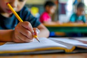 A young boy is sitting at a table, writing in a notebook with a pencil photo