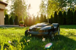 Robotic lawn mowers for effortless maintenance, solid color background photo