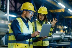 Male and female industrial engineers in Hard Hats safety use laptop computers to discuss new projects. photo