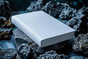 Blank white book for mockup placed on rocks, photo