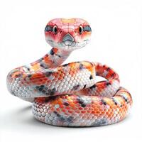 Colorful snake coiled up on a white background showcasing its vibrant, intricate scale pattern and striking appearance. photo