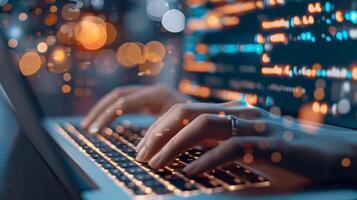 Close-up of hands typing on a laptop keyboard with code on the screen. Concept of programming, cybersecurity, and software development. photo