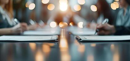 Blurred photo of people writing on papers during a business meeting with bokeh lights in the background.