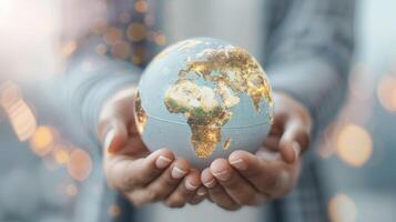 A person holding a glowing globe symbolizing global connection and responsibility, showcasing the beauty of our planet. photo