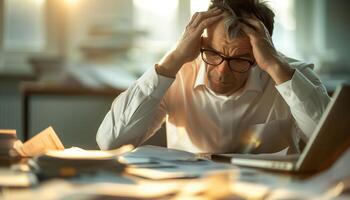 Stressed businessman at his desk with head in hands, surrounded by paperwork and laptop, sunlight filtering through the office window. photo