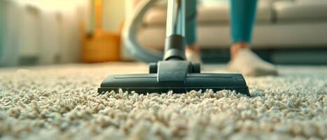 Close-up of a vacuum cleaner nozzle on a soft carpet, showcasing a clean home environment and efficient cleaning. photo