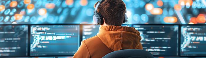 Person in a hoodie sitting in front of multiple screens displaying code and data analysis, focused on computer programming or cybersecurity tasks. photo
