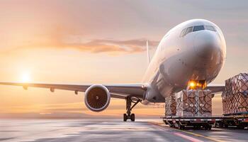 A cargo airplane loading freight during sunset, showcasing airport logistics and transportation efficiency in a vibrant sky. photo