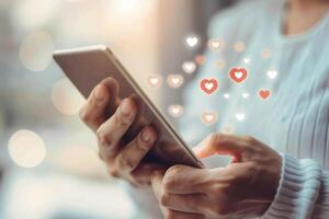 Person using smartphone with hearts floating, symbolizing social media likes, online connections, and digital communication. Soft-focus background. photo